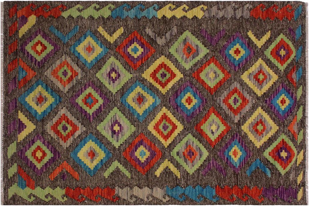 Flat Weave Kilim, Antique, Navaho, Vintage, Handmade, Geometric Kilim Brown Purple Hand-Woven Rectangle 100% Wool Area Rug 3 x 5