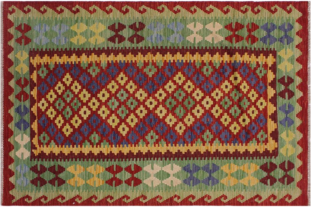Flat Weave Kilim, Antique, Navaho, Vintage, Handmade, Geometric Kilim Red Gold Hand-Woven Rectangle 100% Wool Area Rug 3 x 5