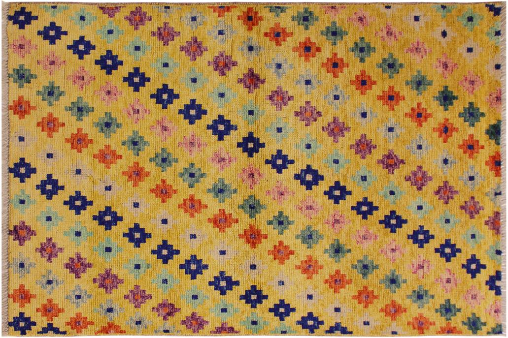 handmade Geometric Balouchi Gold Blue Hand Knotted RECTANGLE 100% WOOL area rug 4' x 5'