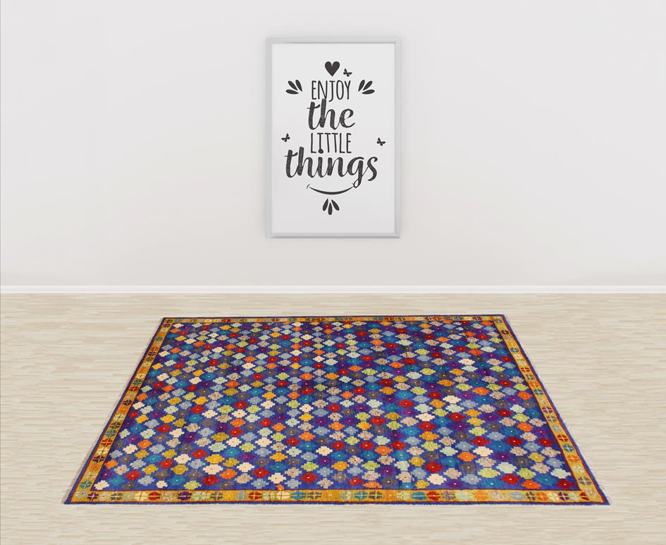 handmade Geometric Balouchi Blue Gold Hand Knotted RECTANGLE 100% WOOL area rug 5' x 7'