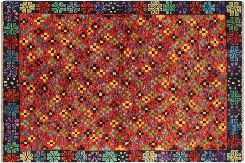 handmade Geometric Balouchi Orange Black Hand Knotted RECTANGLE 100% WOOL area rug 3' x 5'