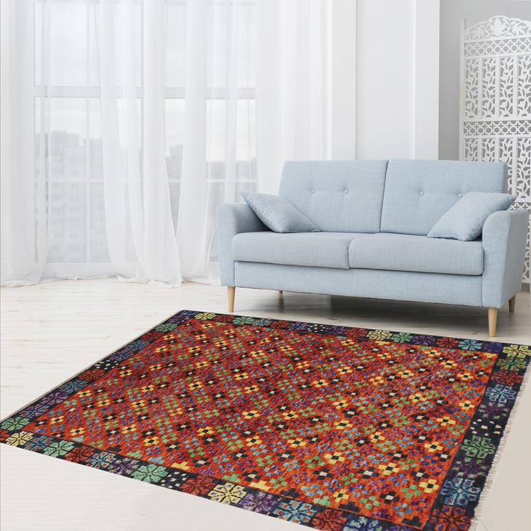 handmade Geometric Balouchi Orange Black Hand Knotted RECTANGLE 100% WOOL area rug 3' x 5'