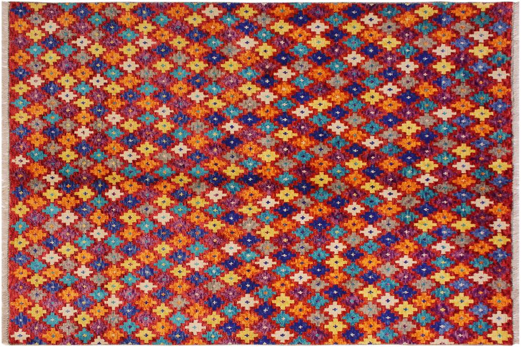 handmade Geometric Balouchi Red Orange Hand Knotted RECTANGLE 100% WOOL area rug 5' x 7'