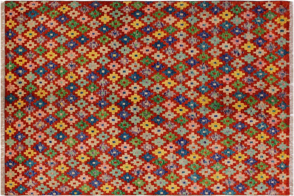 handmade Geometric Balouchi Red Blue Hand Knotted RECTANGLE 100% WOOL area rug 5' x 6'