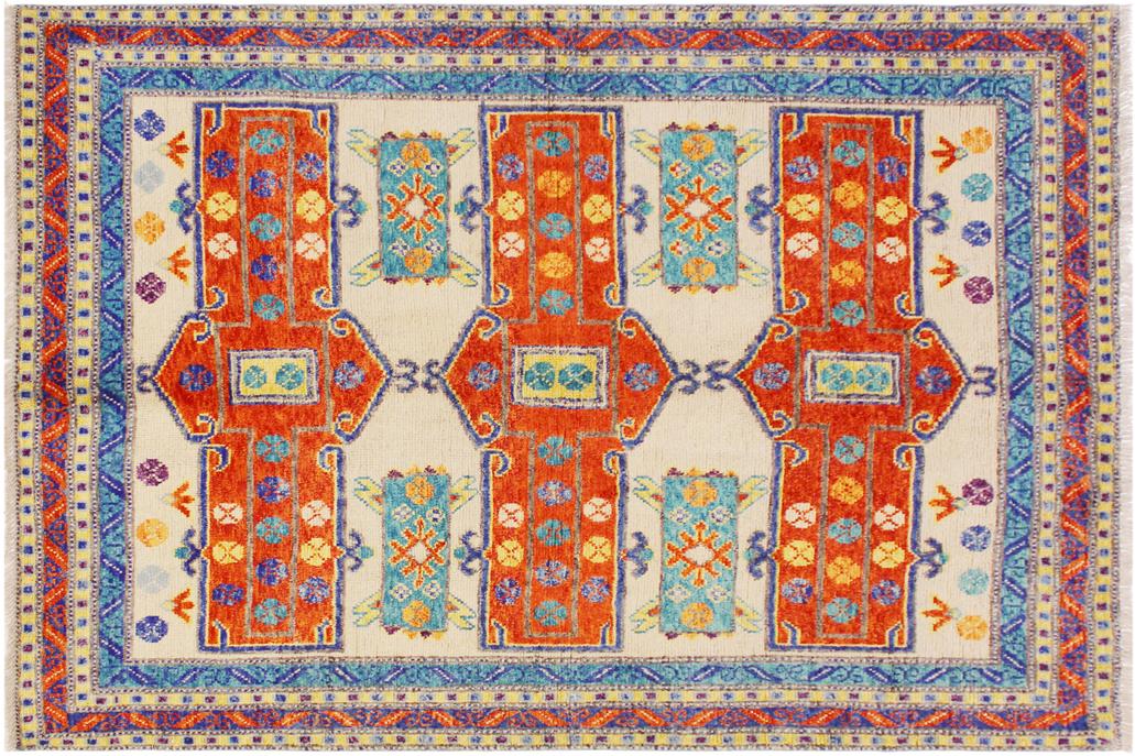 handmade Geometric Balouchi Beige Orange Hand Knotted RECTANGLE 100% WOOL area rug 6' x 8'