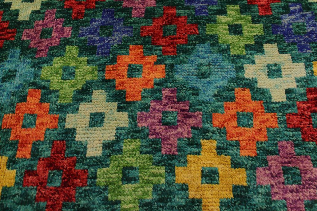 handmade Geometric Balouchi Green Blue Hand Knotted RECTANGLE 100% WOOL area rug 5' x 7'