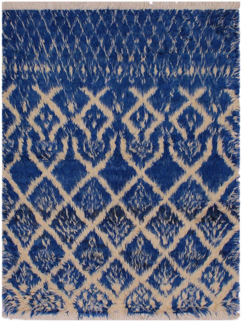 handmade Modern Moroccan Blue Ivory Hand Knotted RECTANGLE 100% WOOL area rug 4x6
