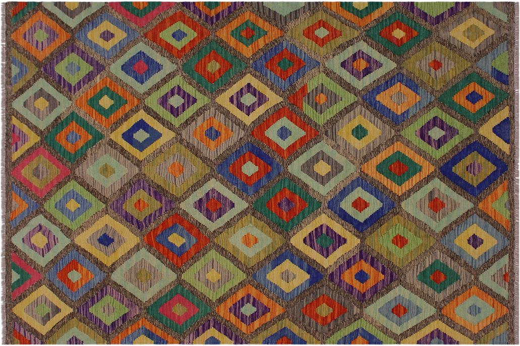 Flat Weave Kilim, Antique, Navaho, Vintage, Handmade, Geometric Kilim Brown Blue Hand-Woven Rectangle 100% Wool Area Rug 5 x 7