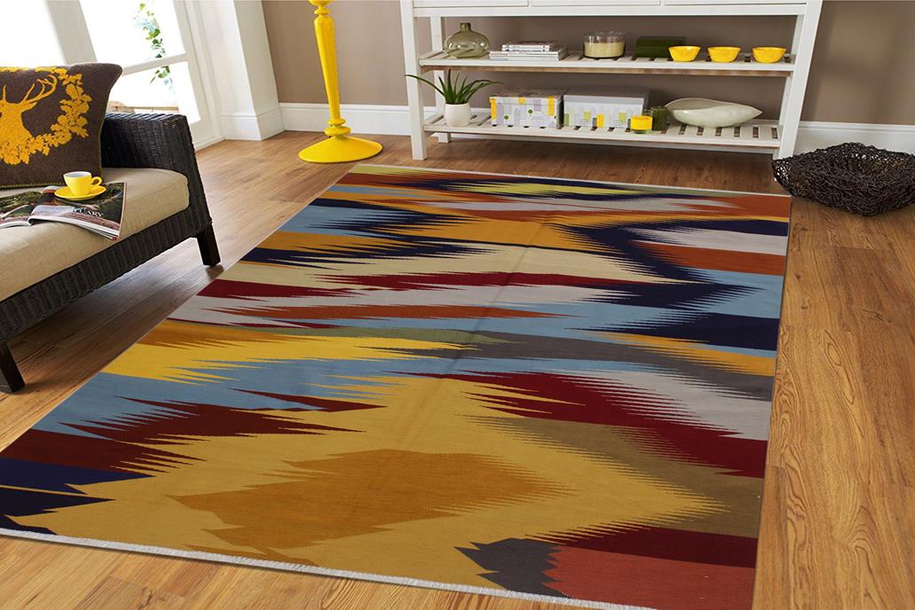 Flat Weave Kilim, Antique, Navaho, Vintage, Handmade, Modern Kilim Gold Blue Hand-Woven Rectangle 100% Wool Area Rug 6 x 9