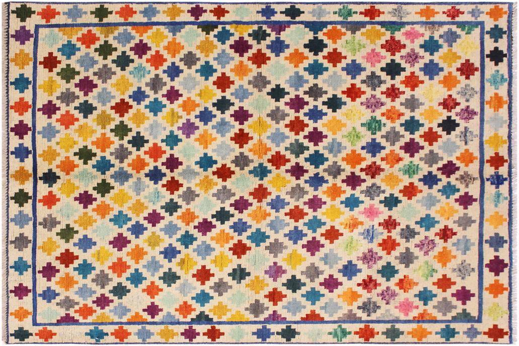 handmade Geometric Balouchi Beige Blue Hand Knotted RECTANGLE 100% WOOL area rug 5' x 7'