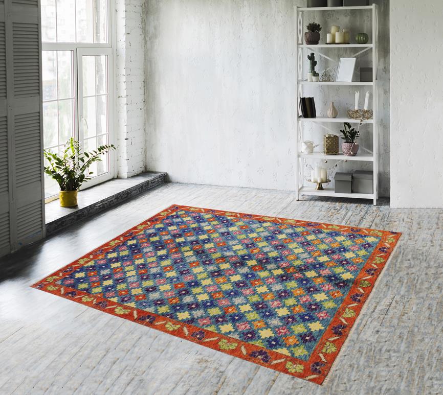 handmade Geometric Balouchi Teal Orange Hand Knotted RECTANGLE 100% WOOL area rug 5' x 7'