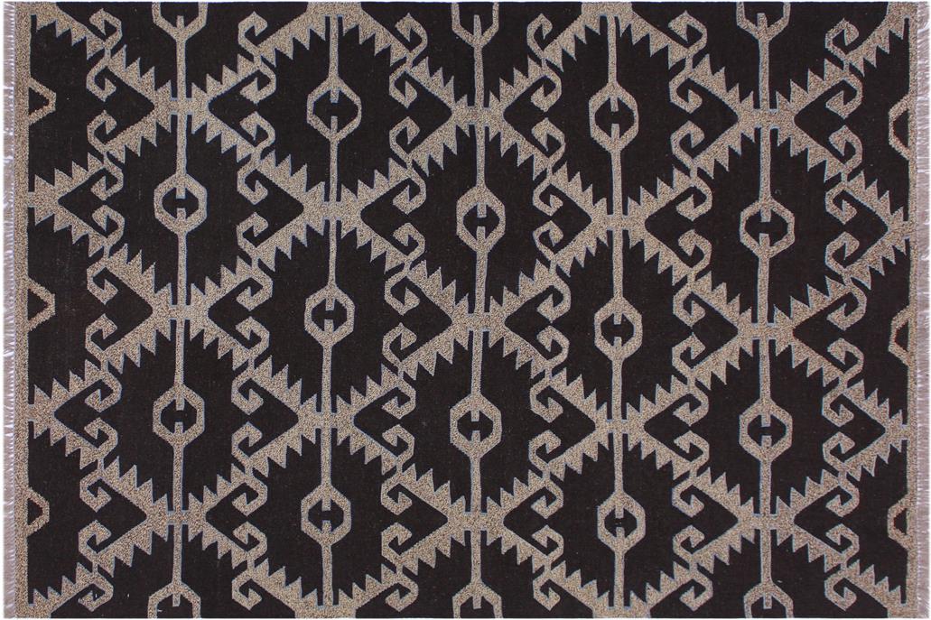 Flat Weave Kilim, Antique, Navaho, Vintage, Handmade, Modern Kilim Brown Gray Hand-Woven Rectangle 100% Wool Area Rug 5 x 6