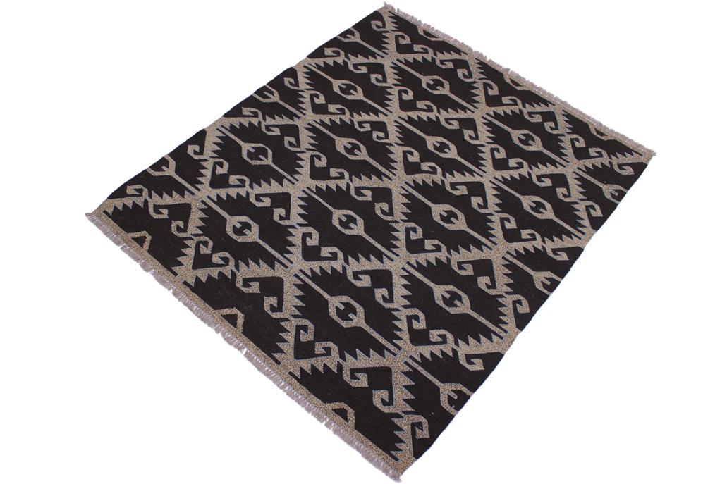 Flat Weave Kilim, Antique, Navaho, Vintage, Handmade, Modern Kilim Brown Gray Hand-Woven Rectangle 100% Wool Area Rug 5 x 6