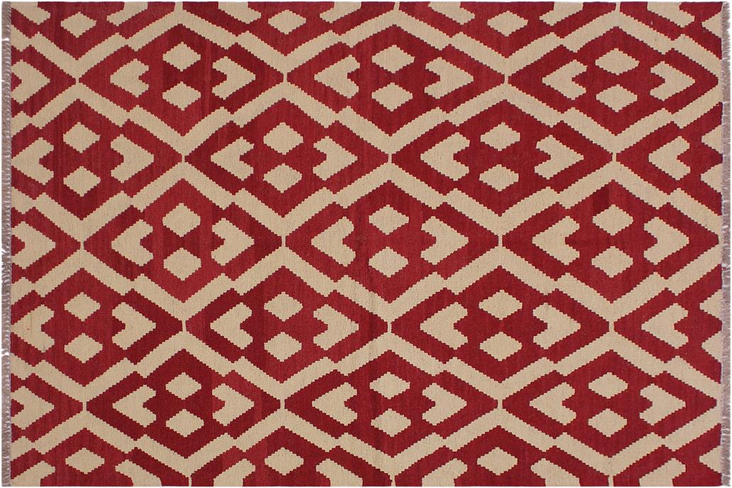 Flat Weave Kilim, Antique, Navaho, Vintage, Handmade, Modern Kilim Red Beige Hand-Woven Rectangle 100% Wool Area Rug 4 x 6
