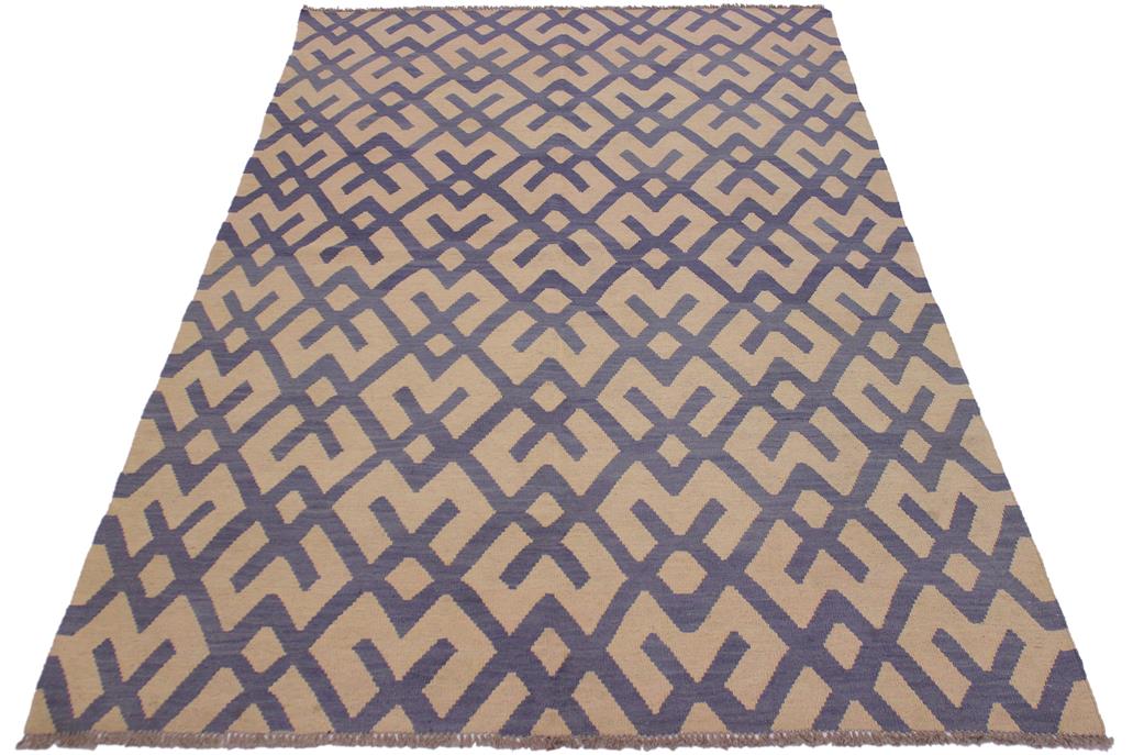 Flat Weave Kilim, Antique, Navaho, Vintage, Handmade, Modern Kilim Beige Purple Hand-Woven Rectangle 100% Wool Area Rug 6 x 8