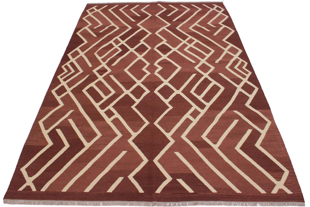 Flat Weave Kilim, Antique, Navaho, Vintage, Handmade, Modern Kilim Brown Beige Hand-Woven Rectangle 100% Wool Area Rug 7 x 10