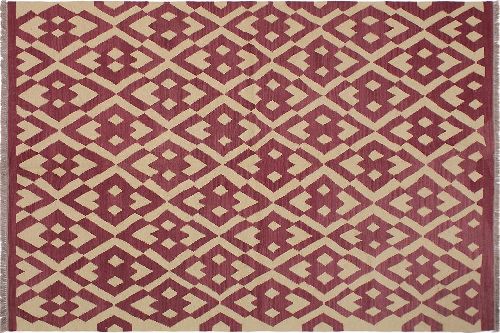 Flat Weave Kilim, Antique, Navaho, Vintage, Handmade, Modern Kilim Burgundy Beige Hand-Woven Rectangle 100% Wool Area Rug 6 x 8