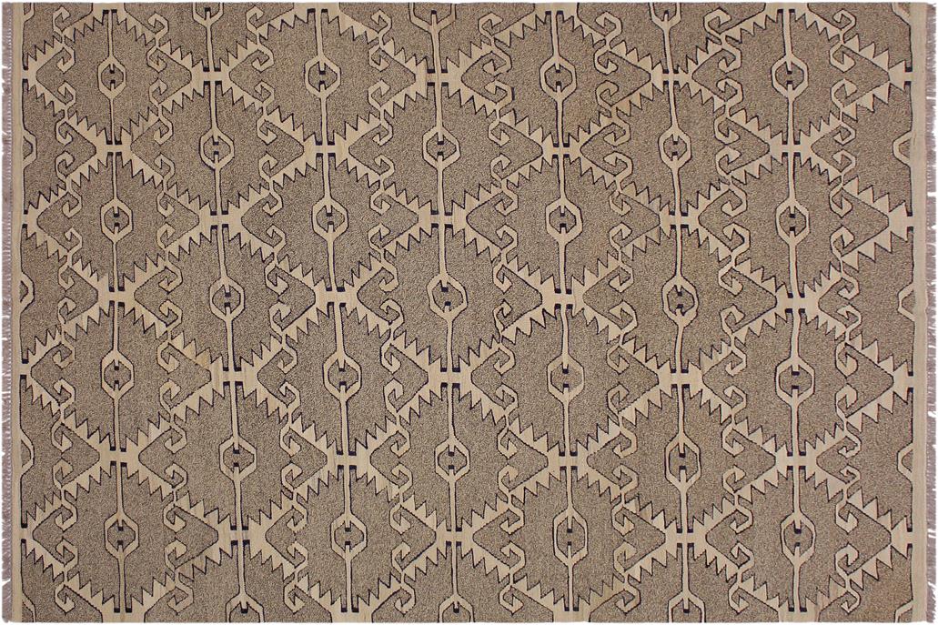 Flat Weave Kilim, Antique, Navaho, Vintage, Handmade, Modern Kilim Gray Tan Hand-Woven Rectangle 100% Wool Area Rug 6 x 8