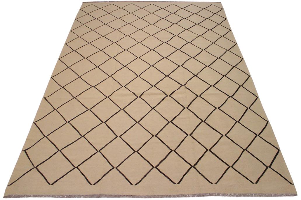 Flat Weave Kilim, Antique, Navaho, Vintage, Handmade, Modern Kilim Tan Black Hand-Woven Rectangle 100% Wool Area Rug 10 x 13