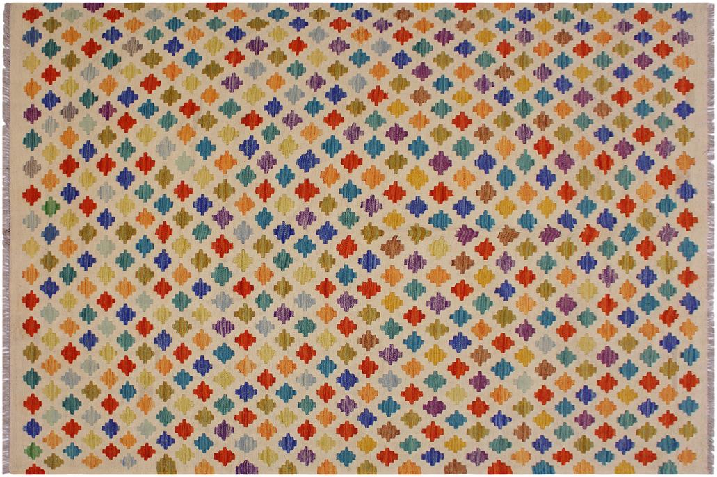 Flat Weave Kilim, Antique, Navaho, Vintage, Handmade, Modern Kilim Beige Blue Hand-Woven Rectangle 100% Wool Area Rug 5 x 8
