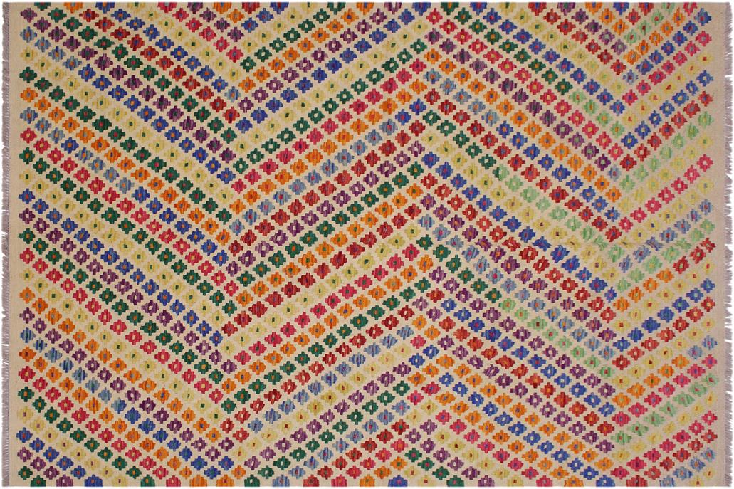 Flat Weave Kilim, Antique, Navaho, Vintage, Handmade, Modern Kilim Beige Blue Hand-Woven Rectangle 100% Wool Area Rug 6 x 8