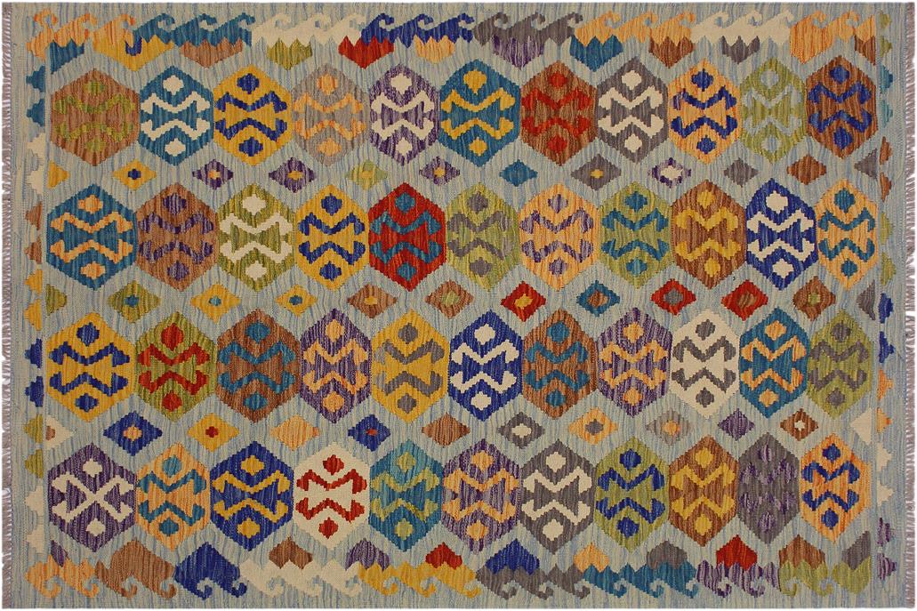 Flat Weave Kilim, Antique, Navaho, Vintage, Handmade, Geometric Kilim Gray Blue Hand-Woven Rectangle 100% Wool Area Rug 5 x 7