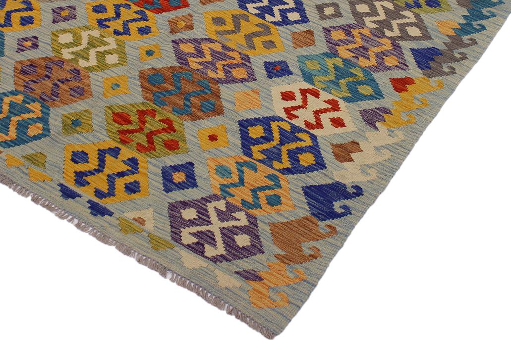 Flat Weave Kilim, Antique, Navaho, Vintage, Handmade, Geometric Kilim Gray Blue Hand-Woven Rectangle 100% Wool Area Rug 5 x 7