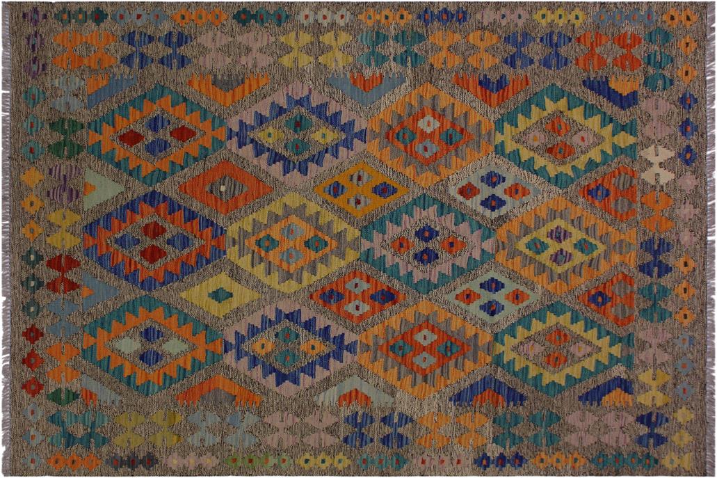 Flat Weave Kilim, Antique, Navaho, Vintage, Handmade, Geometric Kilim Brown Blue Hand-Woven Rectangle 100% Wool Area Rug 5 x 7