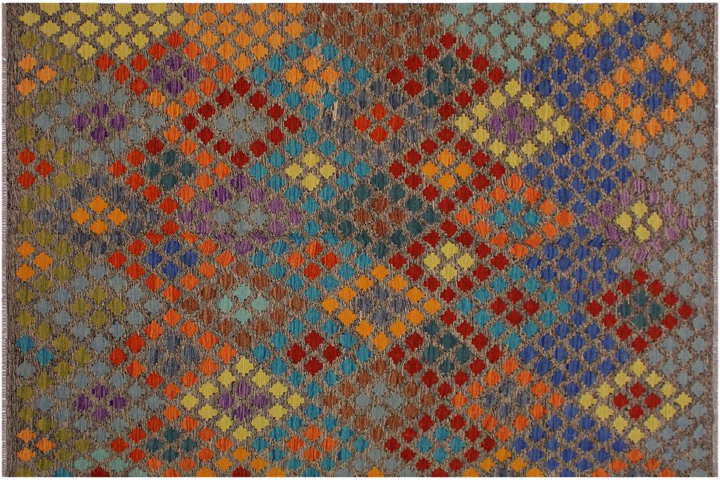 Flat Weave Kilim, Antique, Navaho, Vintage, Handmade, Modern Kilim Brown Gray Hand-Woven Rectangle 100% Wool Area Rug 7 x 10