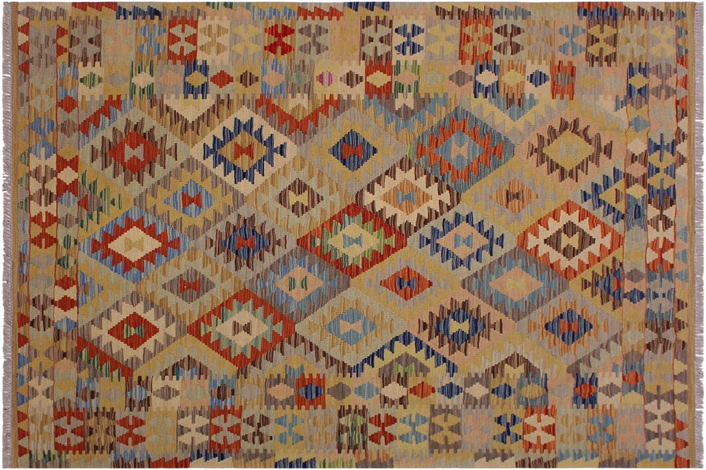 Flat Weave Kilim, Antique, Navaho, Vintage, Handmade, Geometric Kilim Tan Brown Hand-Woven Rectangle 100% Wool Area Rug 5 x 7