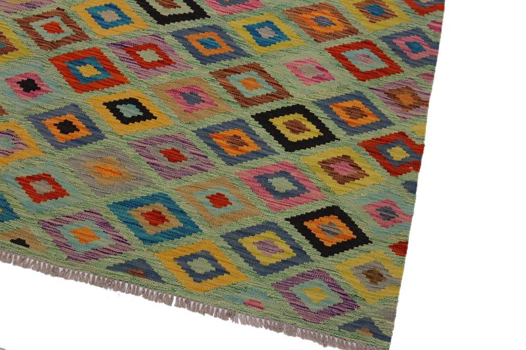 Flat Weave Kilim, Antique, Navaho, Vintage, Handmade, Modern Kilim Green Beige Hand-Woven Rectangle 100% Wool Area Rug 7 x 10