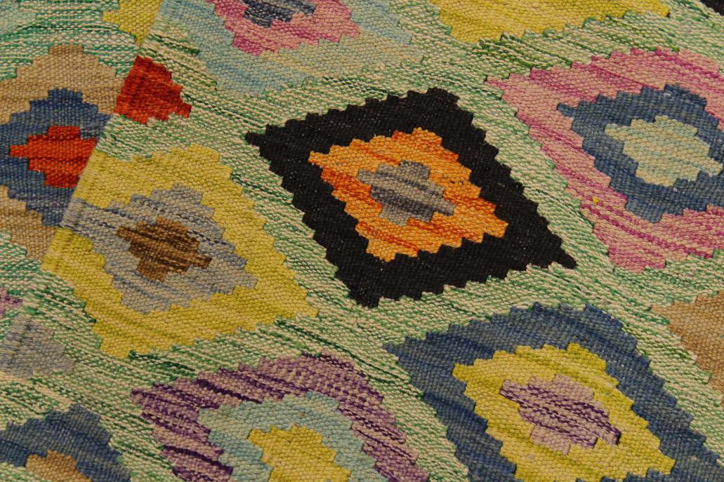 Flat Weave Kilim, Antique, Navaho, Vintage, Handmade, Modern Kilim Green Beige Hand-Woven Rectangle 100% Wool Area Rug 7 x 10