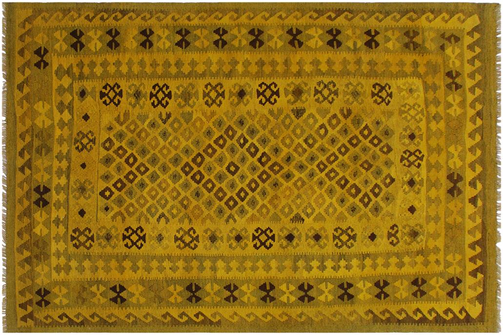 Flat Weave Kilim, Antique, Navaho, Vintage, Handmade, Geometric Kilim Yellow Brown Hand-Woven Rectangle 100% Wool Area Rug 5 x 8