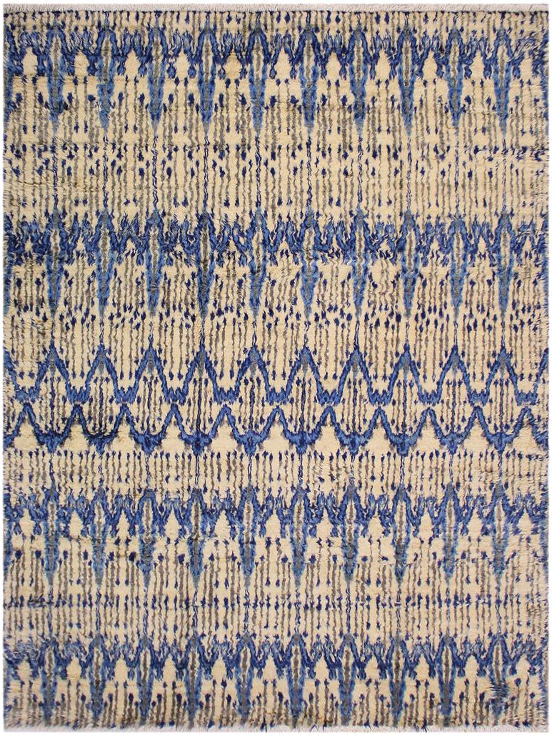 handmade Modern Moroccan Ivory Blue Hand Knotted RECTANGLE 100% WOOL area rug 9x12