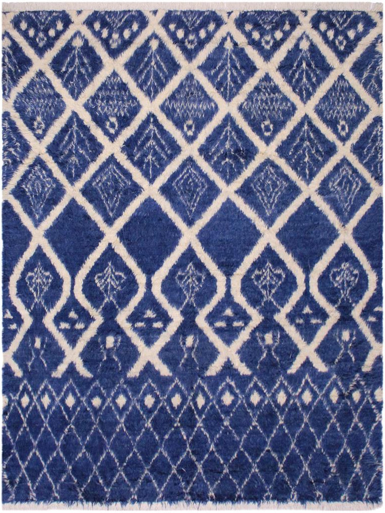 handmade Modern Moroccan Blue Ivory Hand Knotted RECTANGLE 100% WOOL area rug 8x10