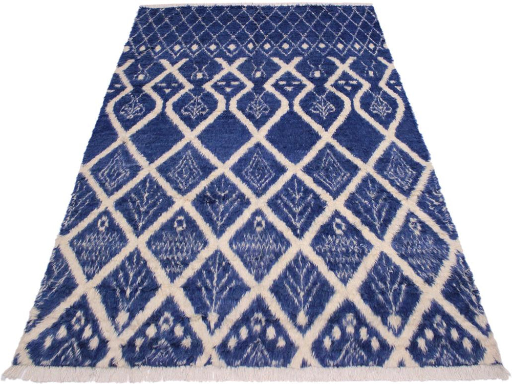 handmade Modern Moroccan Blue Ivory Hand Knotted RECTANGLE 100% WOOL area rug 8x10