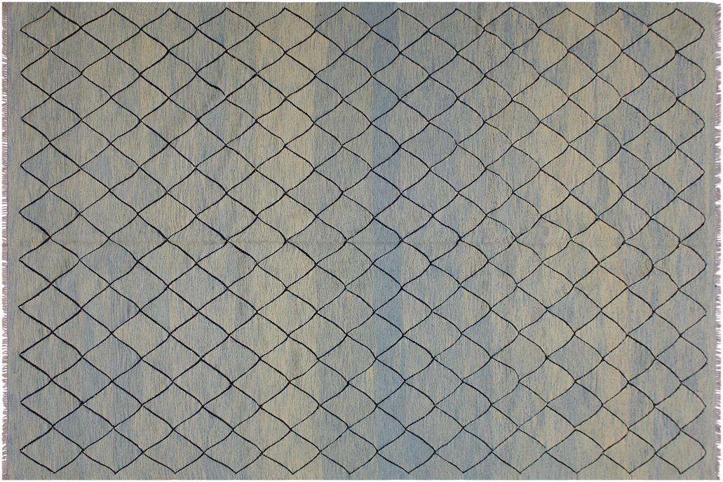 Flat Weave Kilim, Antique, Navaho, Vintage, Handmade, Modern Kilim Lt. Blue Black Hand-Woven Rectangle 100% Wool Area Rug 8 x 10