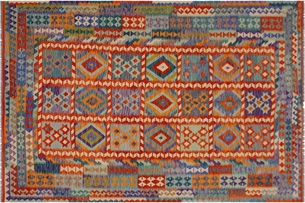 Flat Weave Kilim, Antique, Navaho, Vintage, Handmade, Geometric Kilim Rust Blue Hand-Woven Rectangle 100% Wool Area Rug 7 x 10