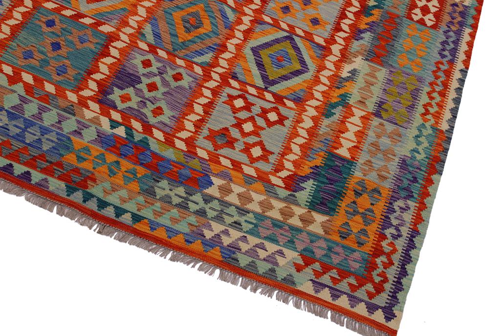 Flat Weave Kilim, Antique, Navaho, Vintage, Handmade, Geometric Kilim Rust Blue Hand-Woven Rectangle 100% Wool Area Rug 7 x 10