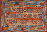 Flat Weave Kilim, Antique, Navaho, Vintage, Handmade, Geometric Kilim Rust Blue Hand-Woven Rectangle 100% Wool Area Rug 7 x 10