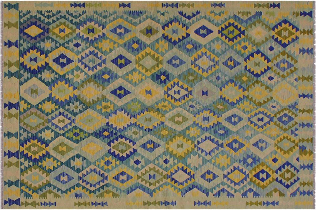 Flat Weave Kilim, Antique, Navaho, Vintage, Handmade, Geometric Kilim Green Blue Hand-Woven Rectangle 100% Wool Area Rug 7 x 10