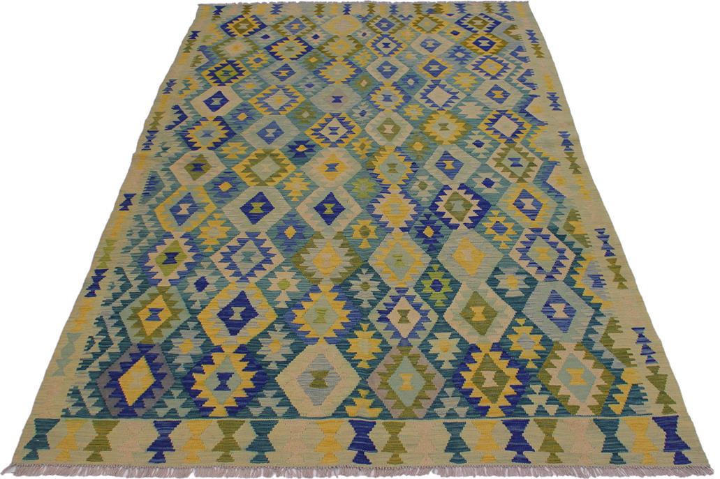 Flat Weave Kilim, Antique, Navaho, Vintage, Handmade, Geometric Kilim Green Blue Hand-Woven Rectangle 100% Wool Area Rug 7 x 10