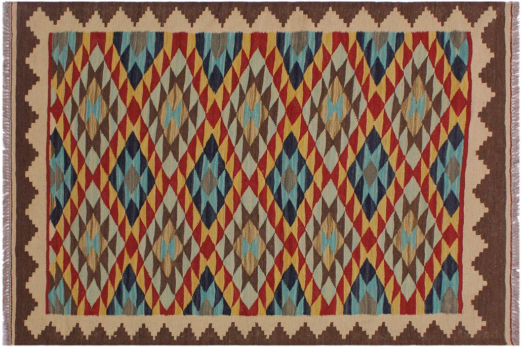 Flat Weave Kilim, Antique, Navaho, Vintage, Handmade, Geometric Kilim Beige Brown Hand-Woven Rectangle 100% Wool Area Rug 3 x 5