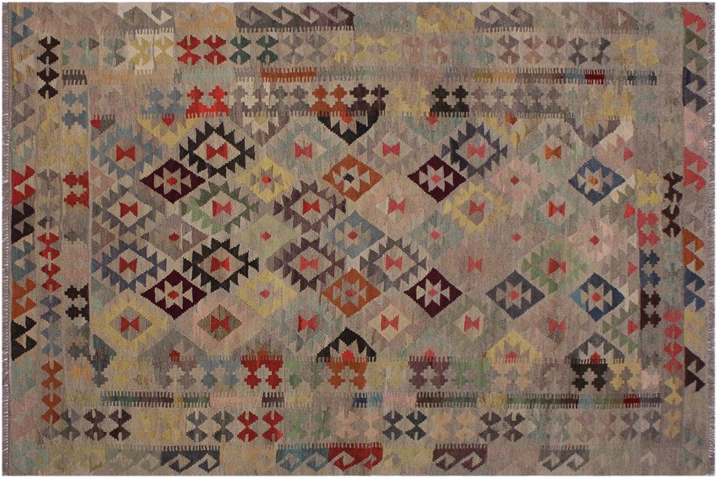 Flat Weave Kilim, Antique, Navaho, Vintage, Handmade, Geometric Kilim Gray Pink Hand-Woven Rectangle 100% Wool Area Rug 6 x 8