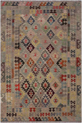 Flat Weave Kilim Antique Navaho Vintage handmade Geometric Kilim Gray Pink Hand-Woven Rectangle 100% Wool Area Rug 6x8