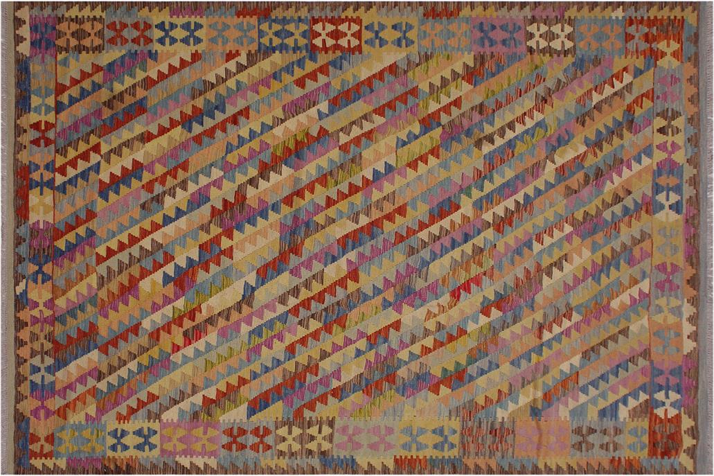 Flat Weave Kilim, Antique, Navaho, Vintage, Handmade, Modern Kilim Brown Blue Hand-Woven Rectangle 100% Wool Area Rug 7 x 10
