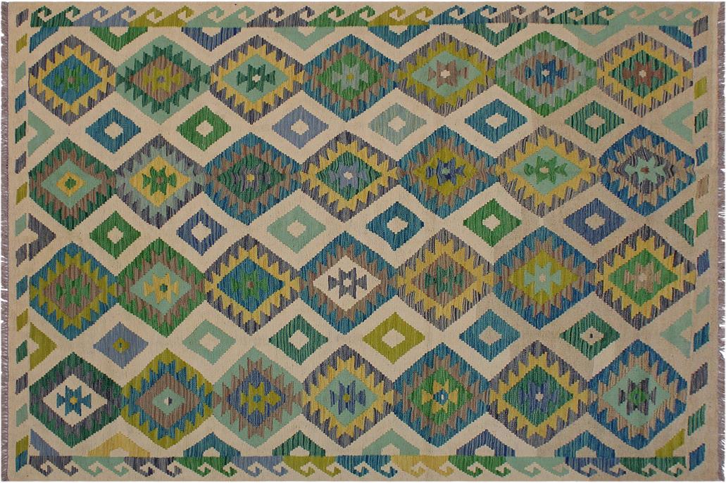 Flat Weave Kilim, Antique, Navaho, Vintage, Handmade, Geometric Kilim Ivory Green Hand-Woven Rectangle 100% Wool Area Rug 5 x 8