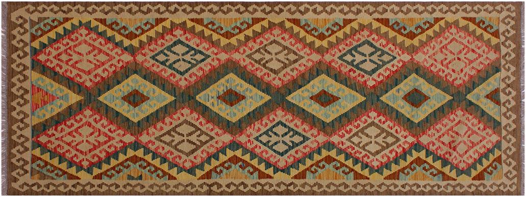 Flat Weave Kilim, Antique, Navaho, Vintage, Handmade, Geometric Kilim Brown Red Hand-Woven Runner 100% Wool Area Rug 4 x 8