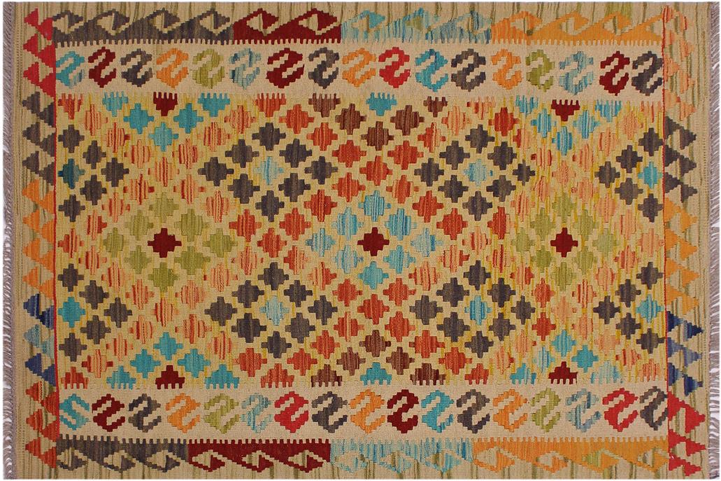 Flat Weave Kilim, Antique, Navaho, Vintage, Handmade, Geometric Kilim Beige Red Hand-Woven Rectangle 100% Wool Area Rug 3 x 5