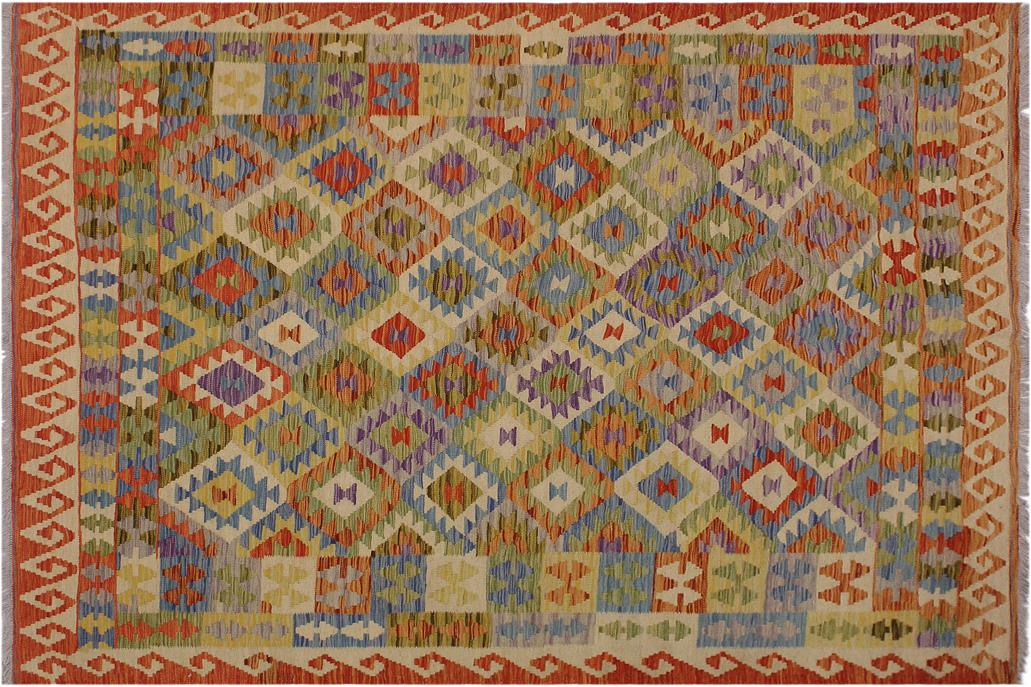 Flat Weave Kilim, Antique, Navaho, Vintage, Handmade, Geometric Kilim Rust Gold Hand-Woven Rectangle 100% Wool Area Rug 6 x 8